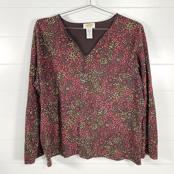 Talbots Tops - Talbots Shirt Womens 2X Brown Floral Print Long Sleeve V-Neck Knit Stretch USA